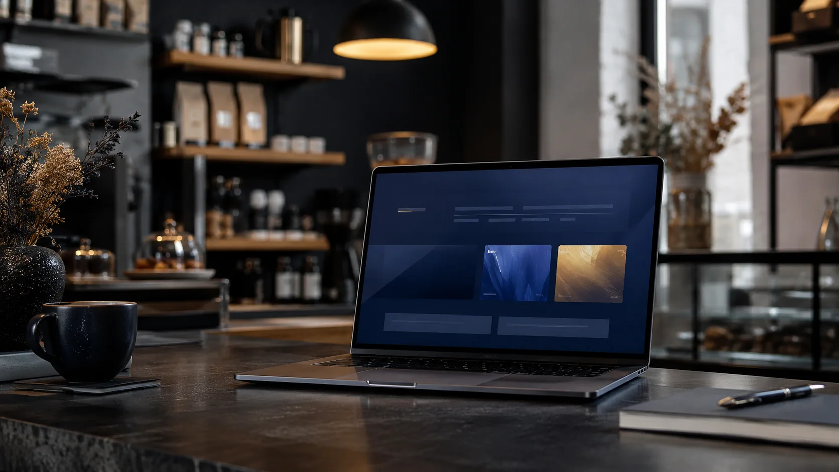 Visuel conceptuel d’un commerce local avec interface web abstraite.